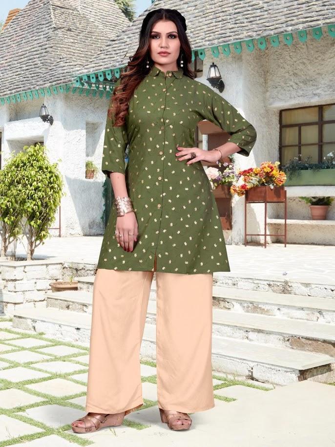 Printed Designer Rayon Green Kurti with Palazzo Set
