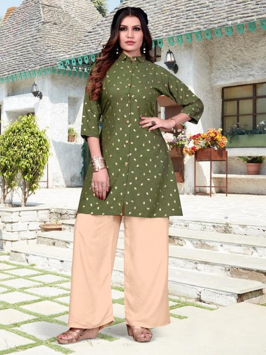 Printed Designer Rayon Green Kurti with Palazzo Set - Stilento