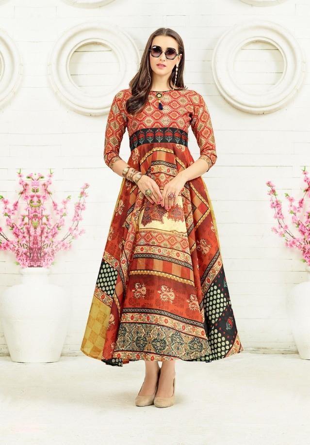 Printed Flared Silk Anarkali Kurta for Women