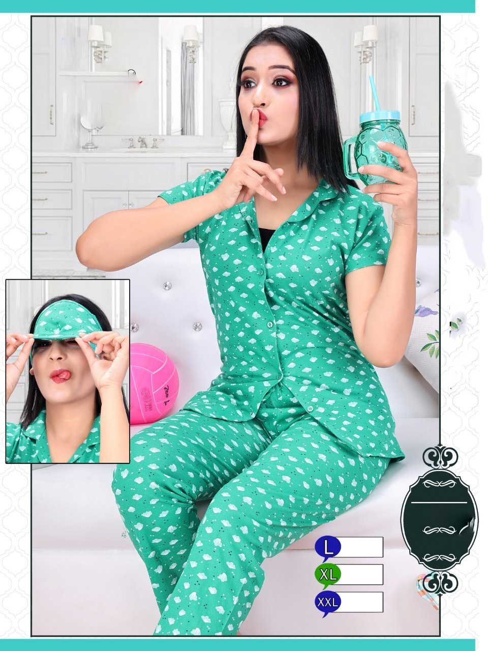 Printed Girls Green Cotton Night Suit Pajamas Set - Stilento