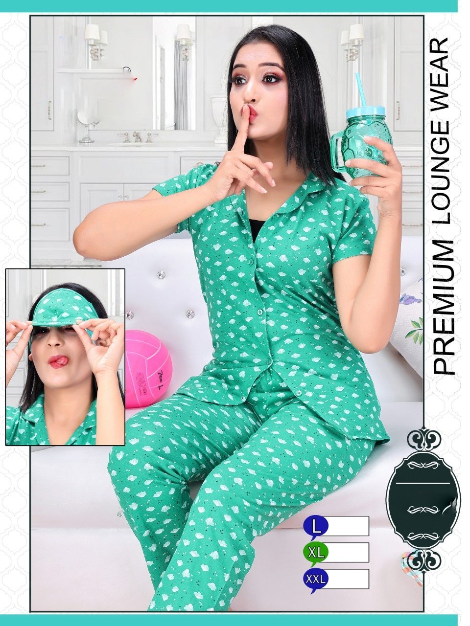 Printed Girls Green Cotton Night Suit Pajamas Set - Stilento