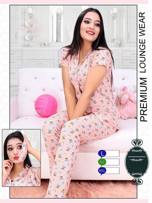 Printed Girls Pink Cotton Night Suit Pajamas Set - Stilento