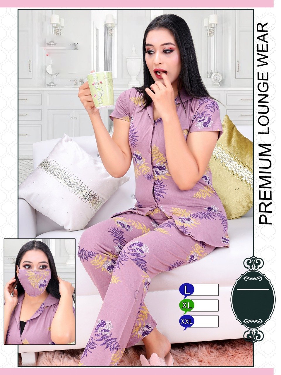 Printed Girls Purple Cotton Night Suit Top and Pajamas Set - Stilento