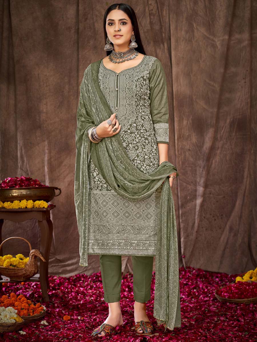 Printed Green Cotton Unstitched Suit Material - Stilento