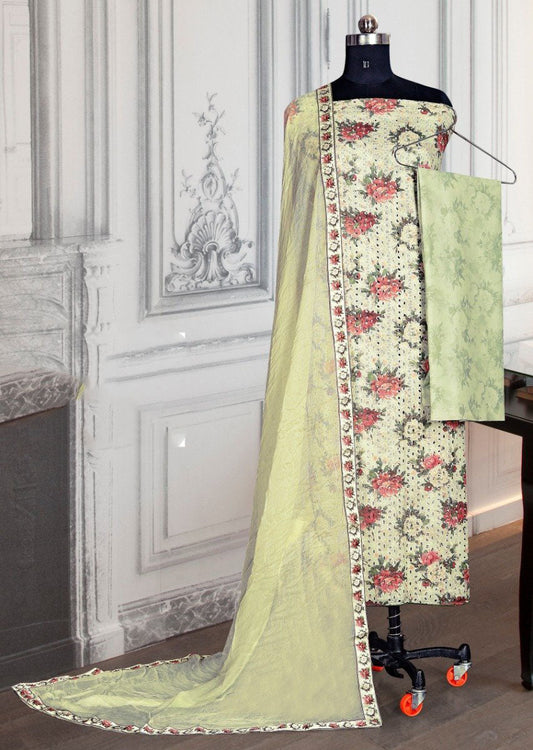 Printed Green Unstitched Women Cotton Suit with Dupatta
