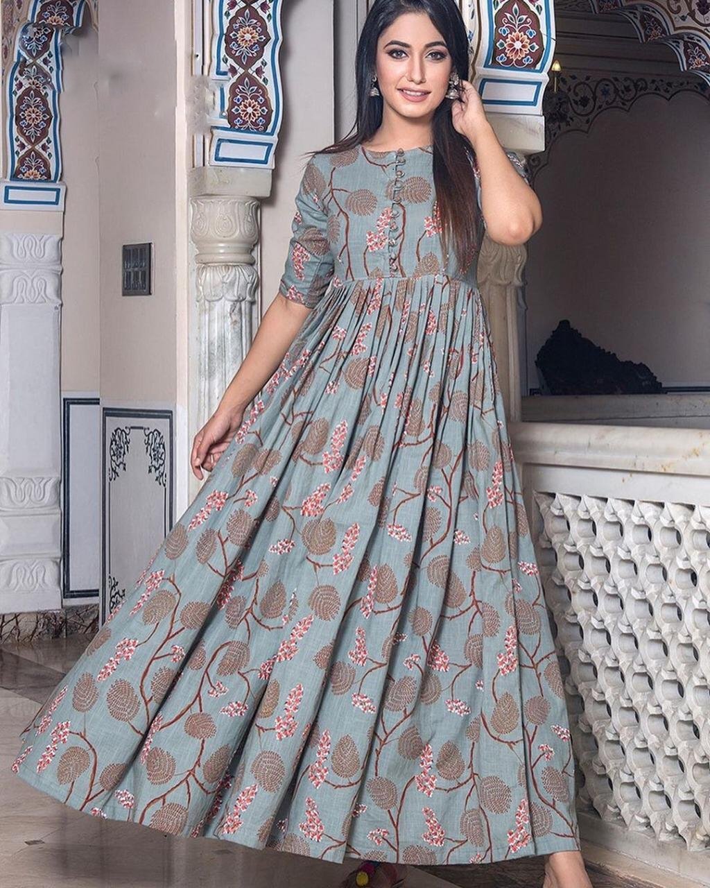 Printed Grey Long Women Kurta