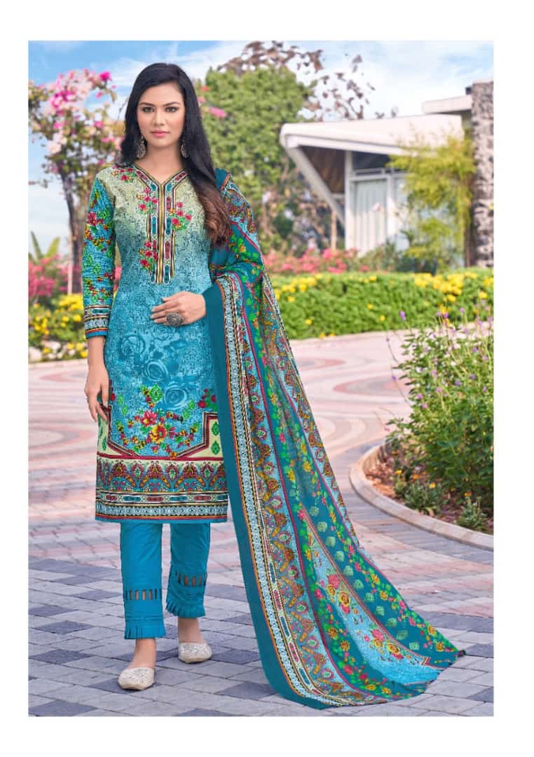Printed Lawn Cotton Blue Pakistani Dress Material for Ladies - Stilento