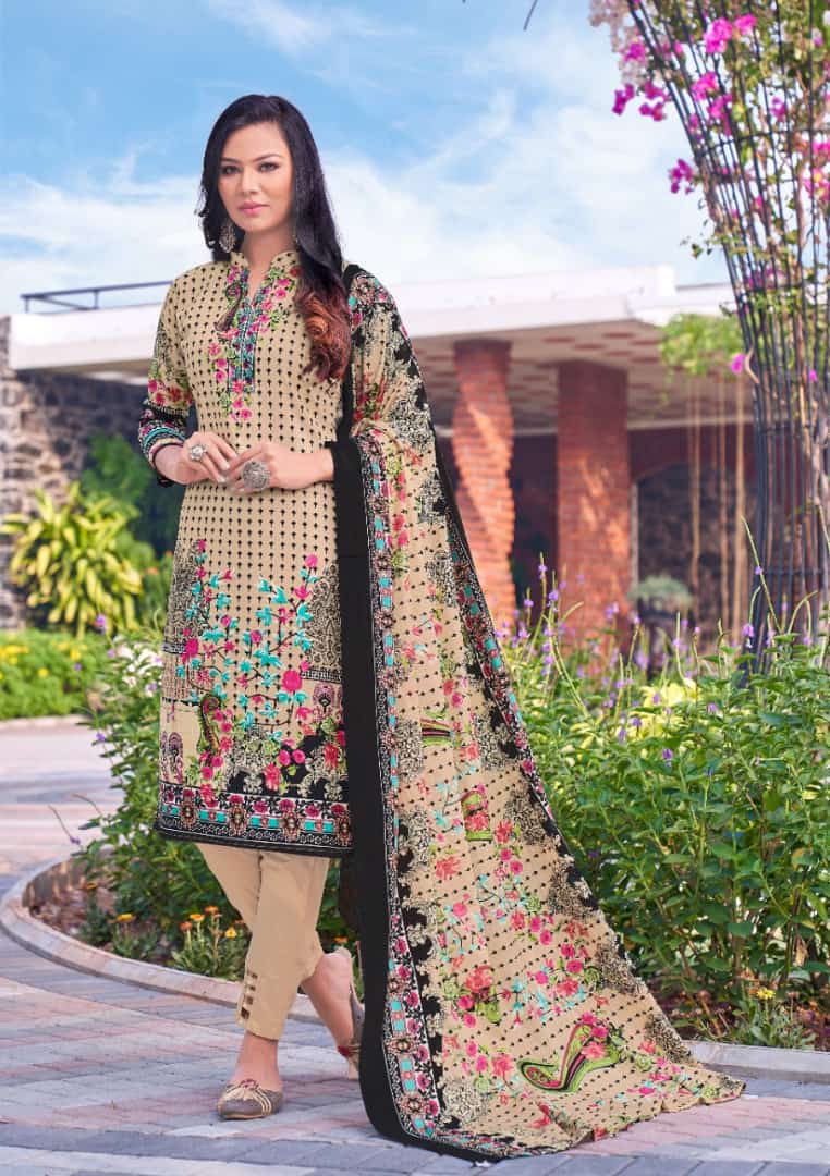 Printed Lawn Cotton Brown Pakistani Dress Material for Women - Stilento