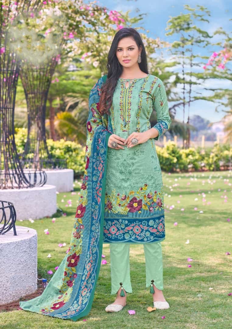 Printed Lawn Cotton Green Pakistani Dress Material for Women - Stilento