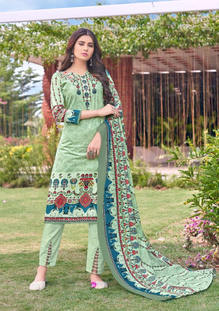 Printed Lawn Cotton Green Pakistani Dress Material for Women - Stilento