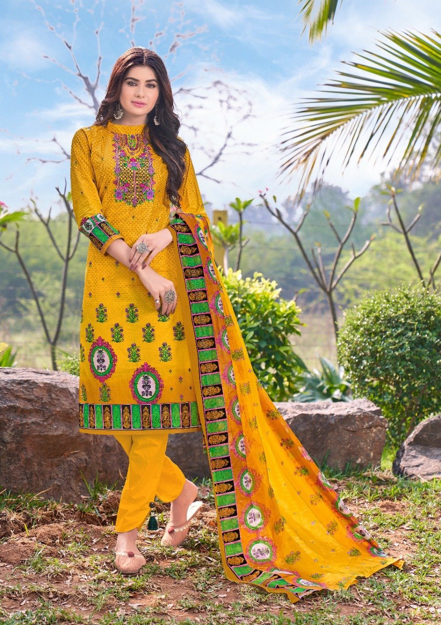 Printed Lawn Cotton Yellow Pakistani Dress Material for Women - Stilento