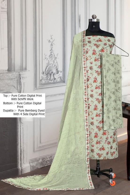 Printed Light Green Un-Stitched Cotton Suit with Dupatta - Stilento