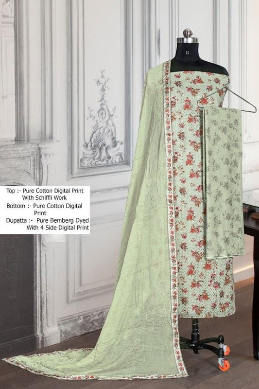 Printed Light Green Un-Stitched Cotton Suit with Dupatta