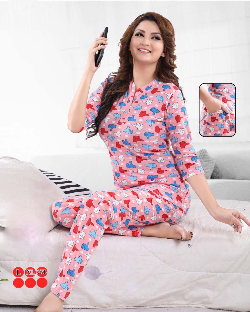 Printed Nightwear Cotton Pajama Set Pink for Women - Stilento