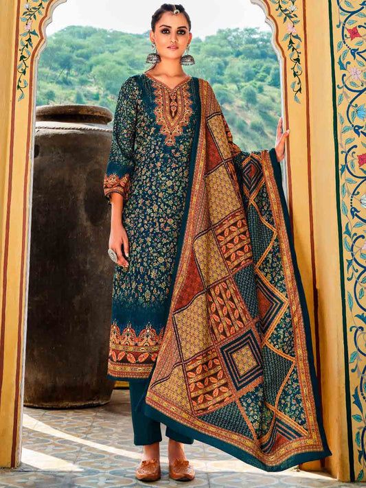 Printed Blue Wool Pashmina Unstitched Winter Suits