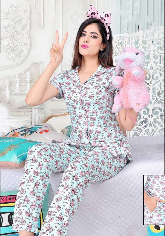 Printed Pajamas Set Grey Night Suit foe Ladies - Stilento