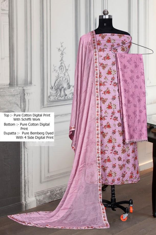 Printed Pink Un-Stitched Cotton Suit with Dupatta - Stilento