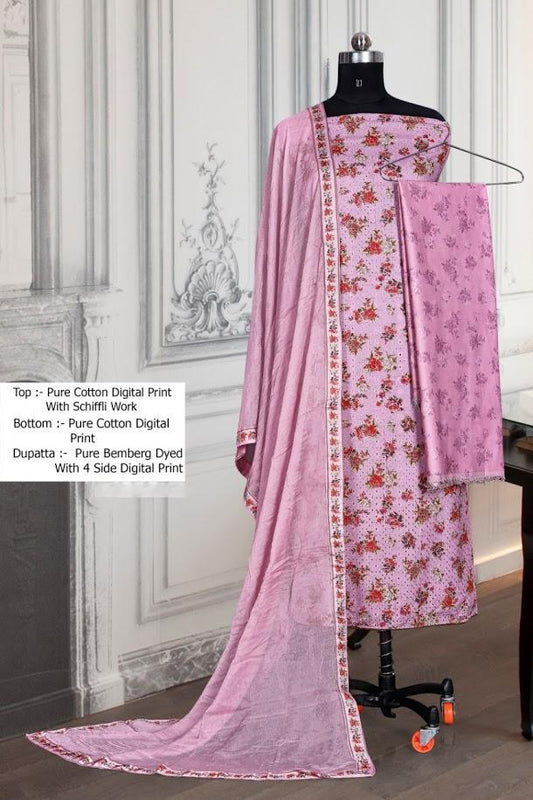 Printed Pink Un-Stitched Cotton Suit with Dupatta