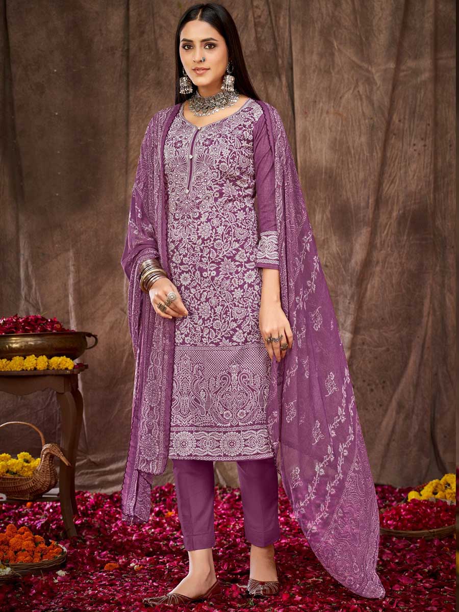 Printed Purple Cotton Unstitched Suit Material - Stilento