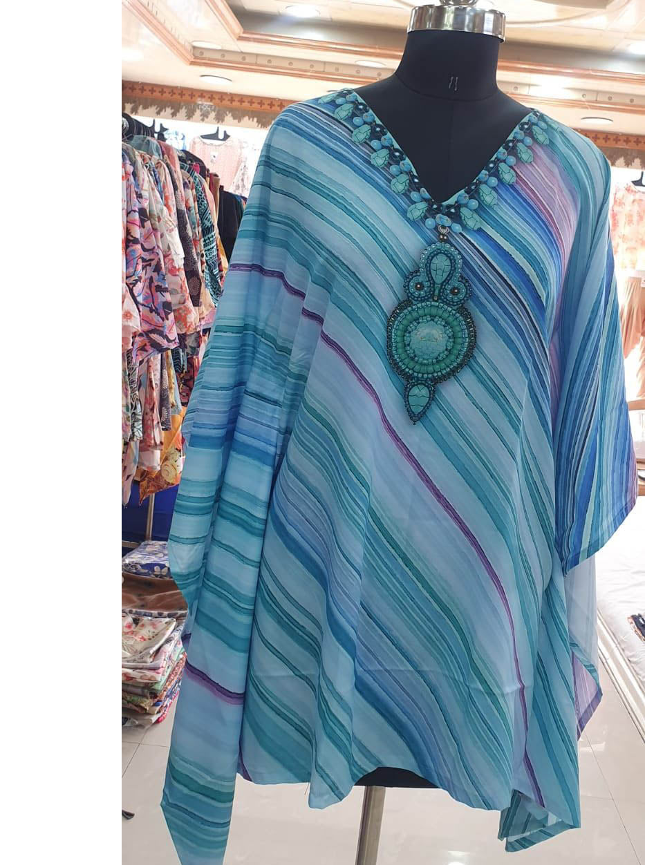 Printed Rayon Blue Kaftan Tunic tops for Ladies - Stilento