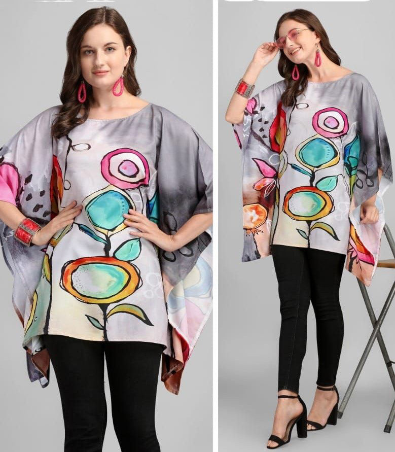 Printed Rayon Grey Kaftan Tunic tops for Ladies - Stilento