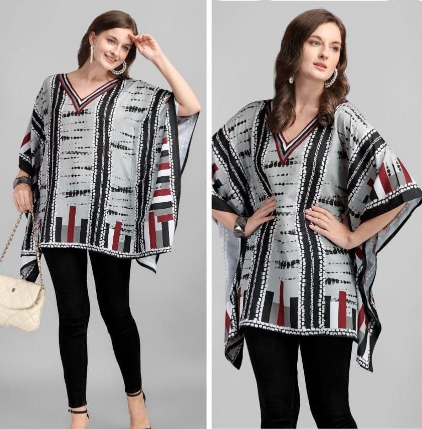 Printed Rayon Grey Kaftan Tunic tops for Ladies - Stilento