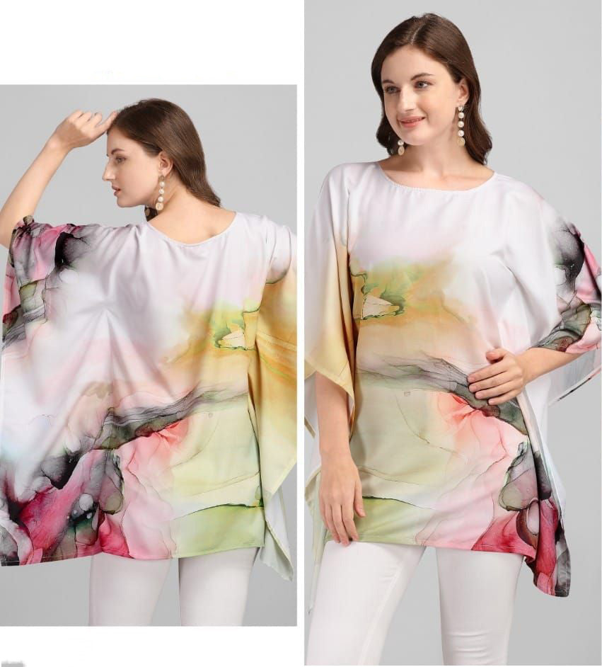 Printed Rayon Off-White Kaftan Tunic tops for Ladies
