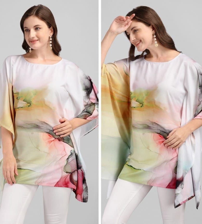 Printed Rayon Off-White Kaftan Tunic tops for Ladies - Stilento
