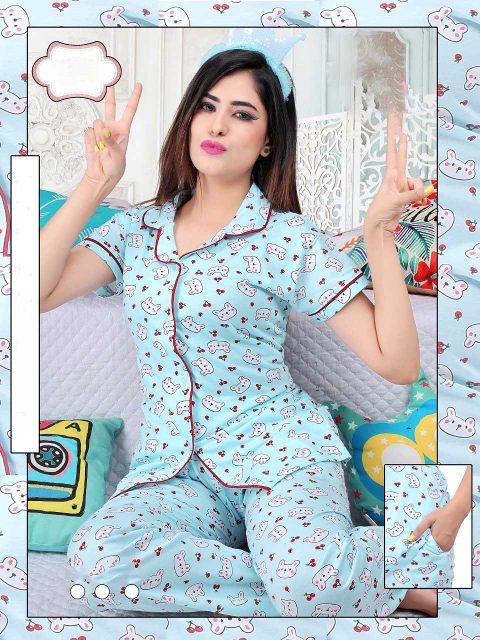 Printed Sky Blue Night Dress Top and Pajama Set for Women - Stilento