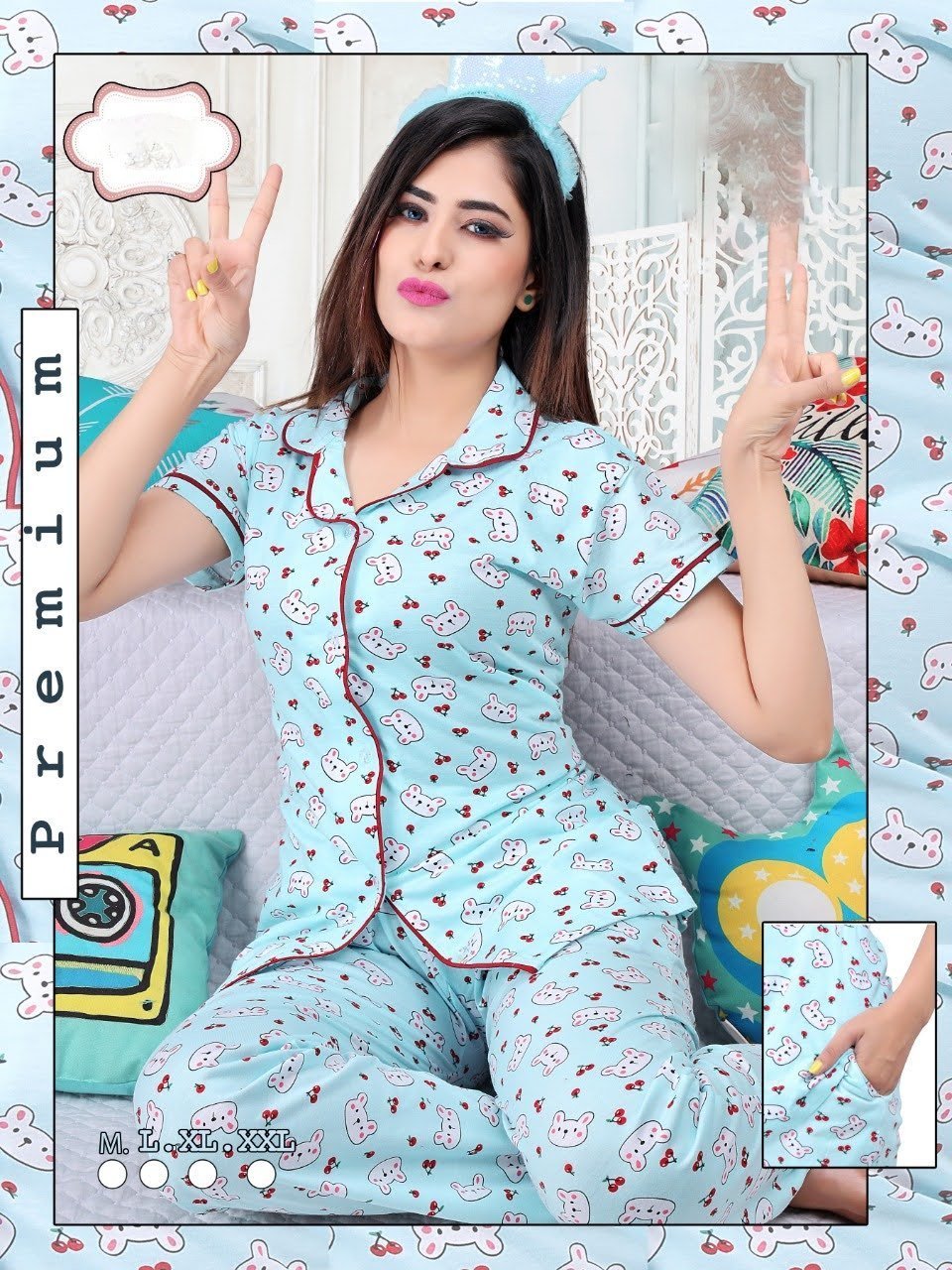 Printed Sky Blue Night Dress Top and Pajama Set for Women - Stilento