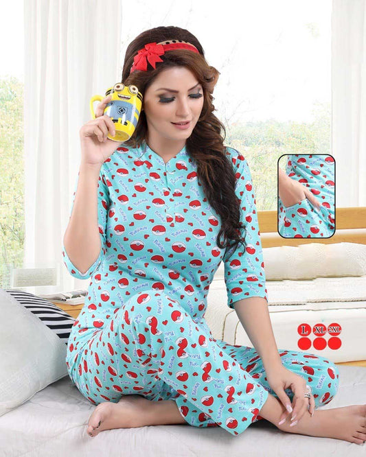 Printed Stylish Nightwear Cotton Pajama Set Light Blue - Stilento