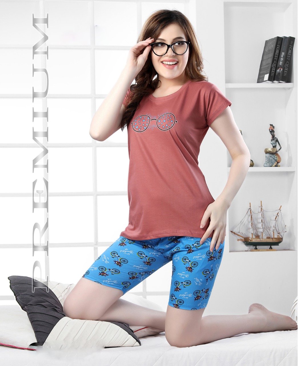 Printed Top and Blue Shorts Nightwear Set for ladies - Stilento
