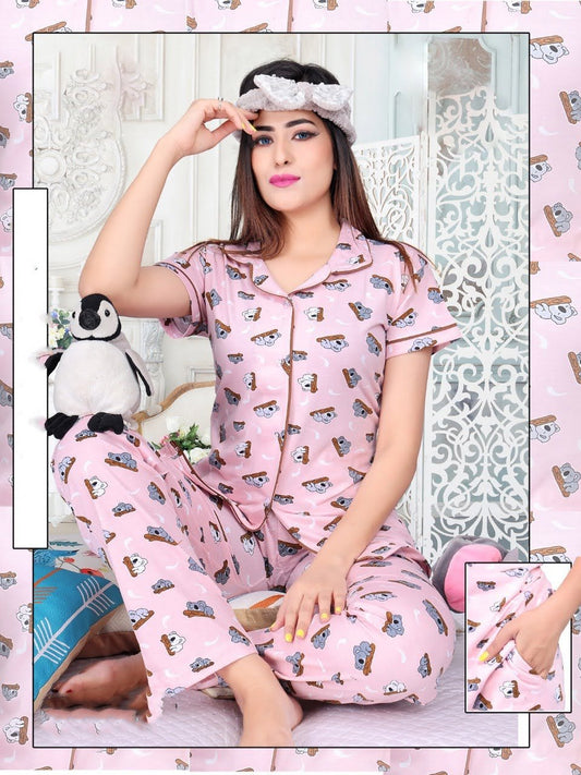 Printed Top and Pajamas Pink Night Suit Set for Ladies - Stilento