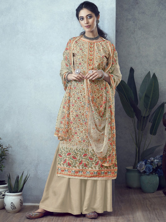 Printed Un-Stitched Beige Palazzo Suit with Dupatta