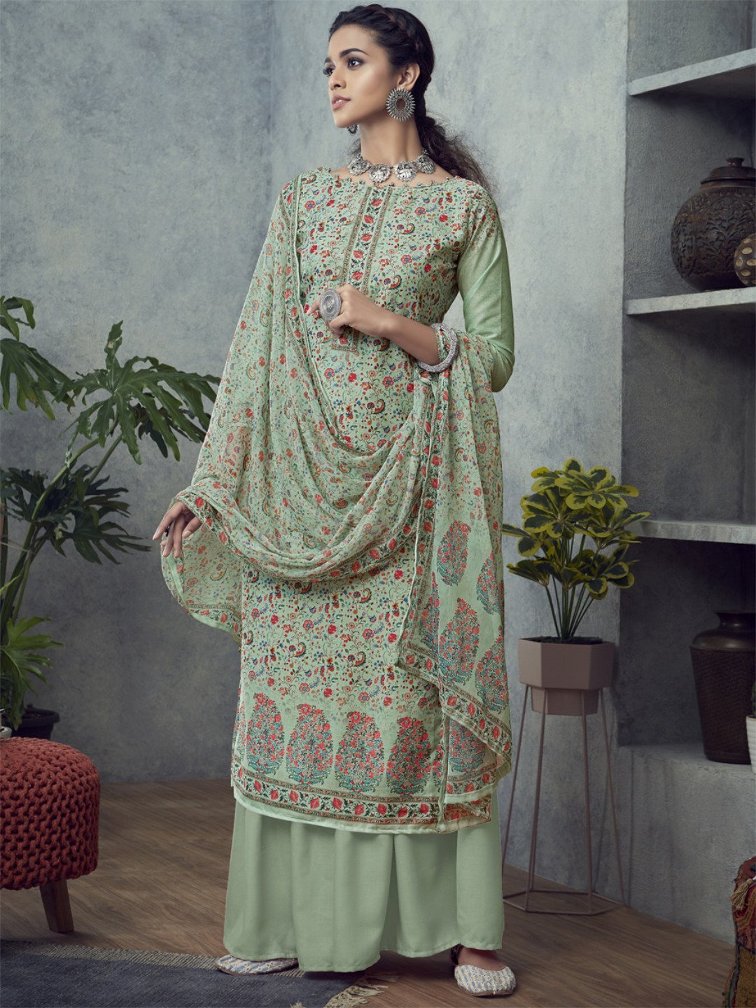 Printed Un-Stitched Light Green Palazzo Suit with Dupatta - Stilento