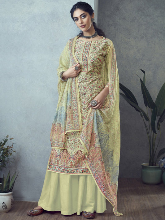 Printed Un-Stitched Light Yellow Palazzo Suit with Dupatta