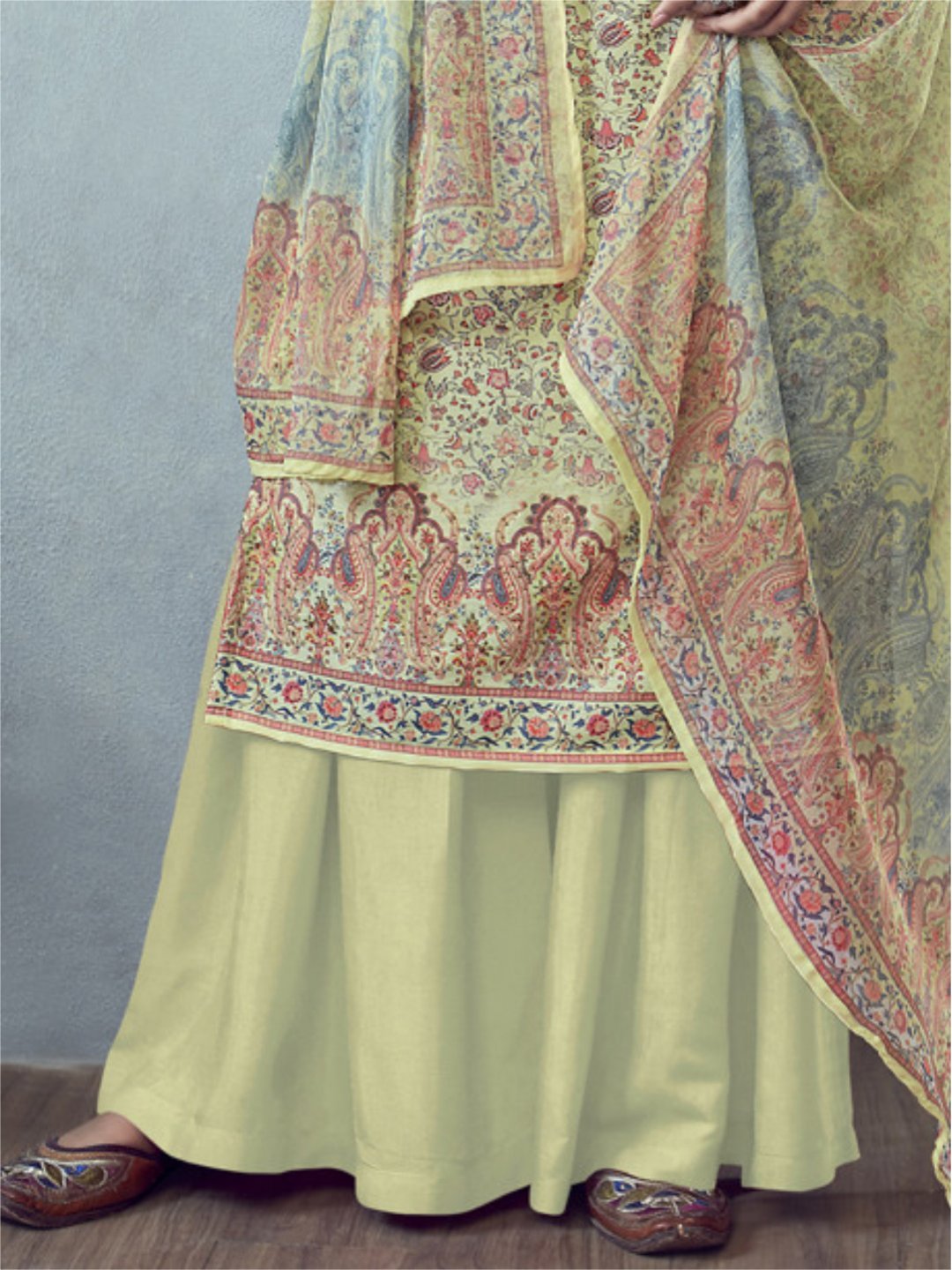 Printed Un-Stitched Light Yellow Palazzo Suit with Dupatta - Stilento