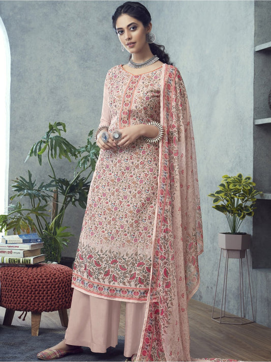 Printed Un-Stitched Peach Palazzo Suit with Dupatta