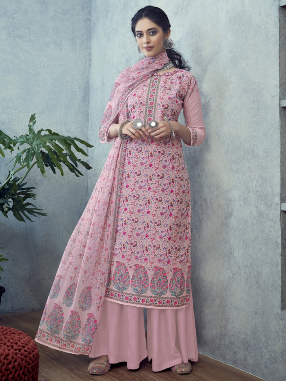 Printed Un-Stitched Pink Palazzo Suit Material with Dupatta - Stilento