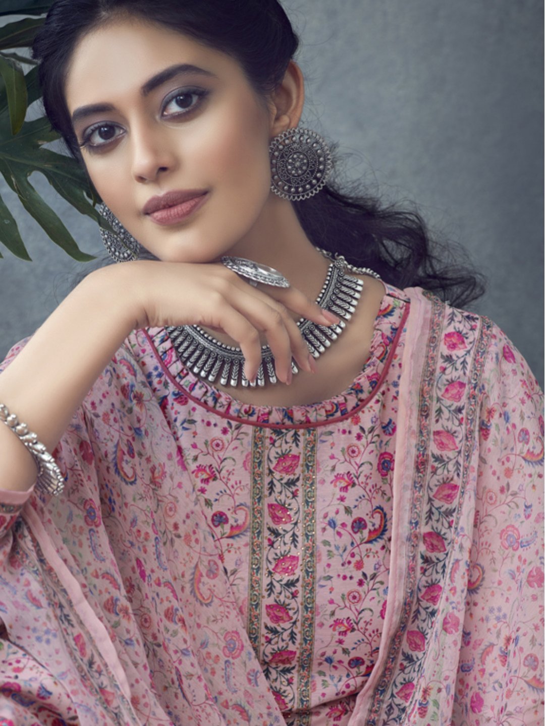 Printed Un-Stitched Pink Palazzo Suit Material with Dupatta - Stilento