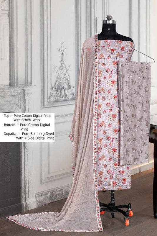 Printed Women Unstitched Cotton Suit with Dupatta