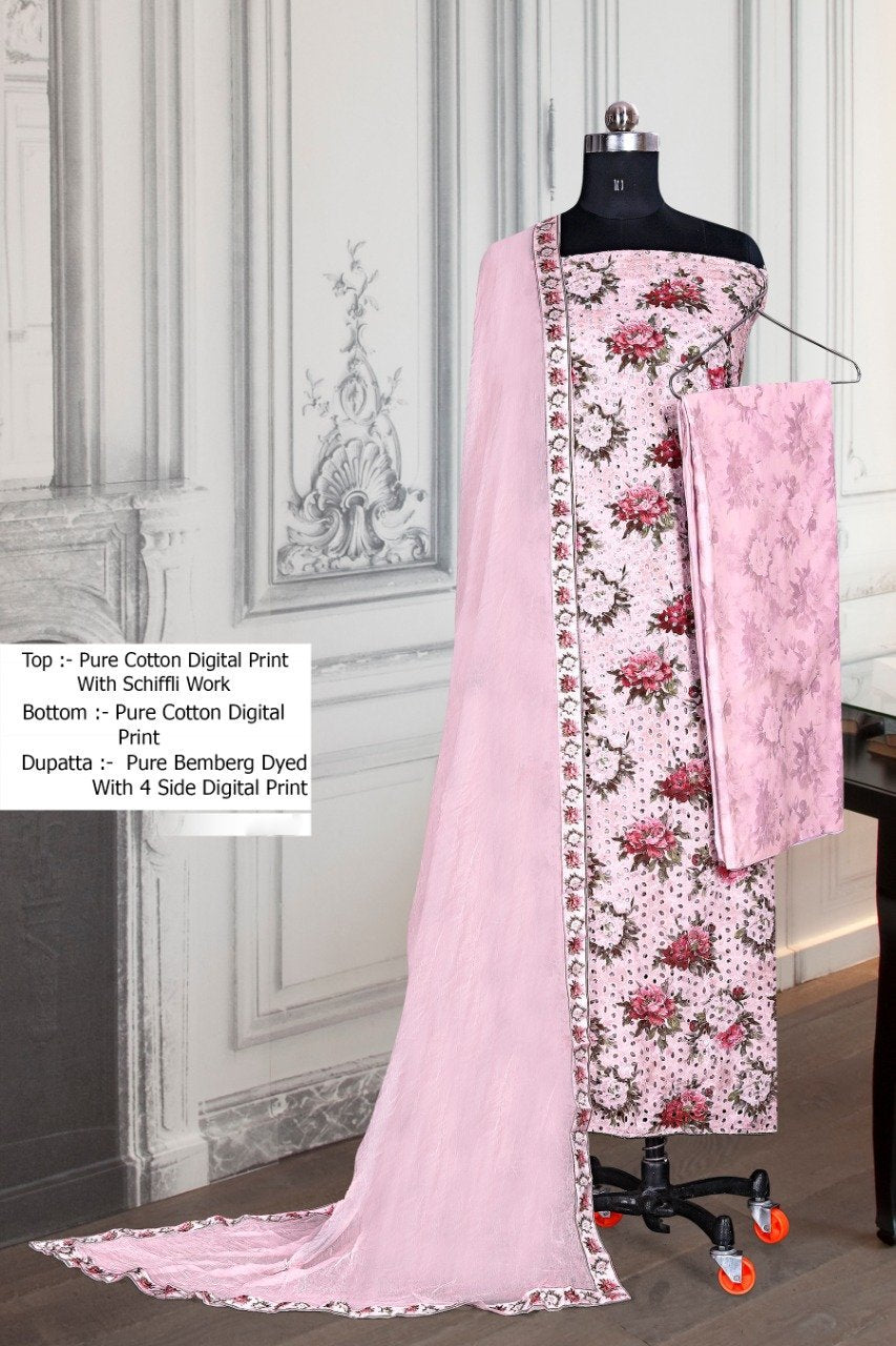 Printed Women Unstitched Pink Cotton Suit with Dupatta - Stilento