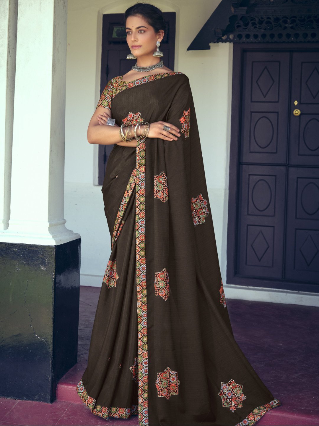 Pure Chiffon Brown Printed Saree with Designer Blouse - Stilento