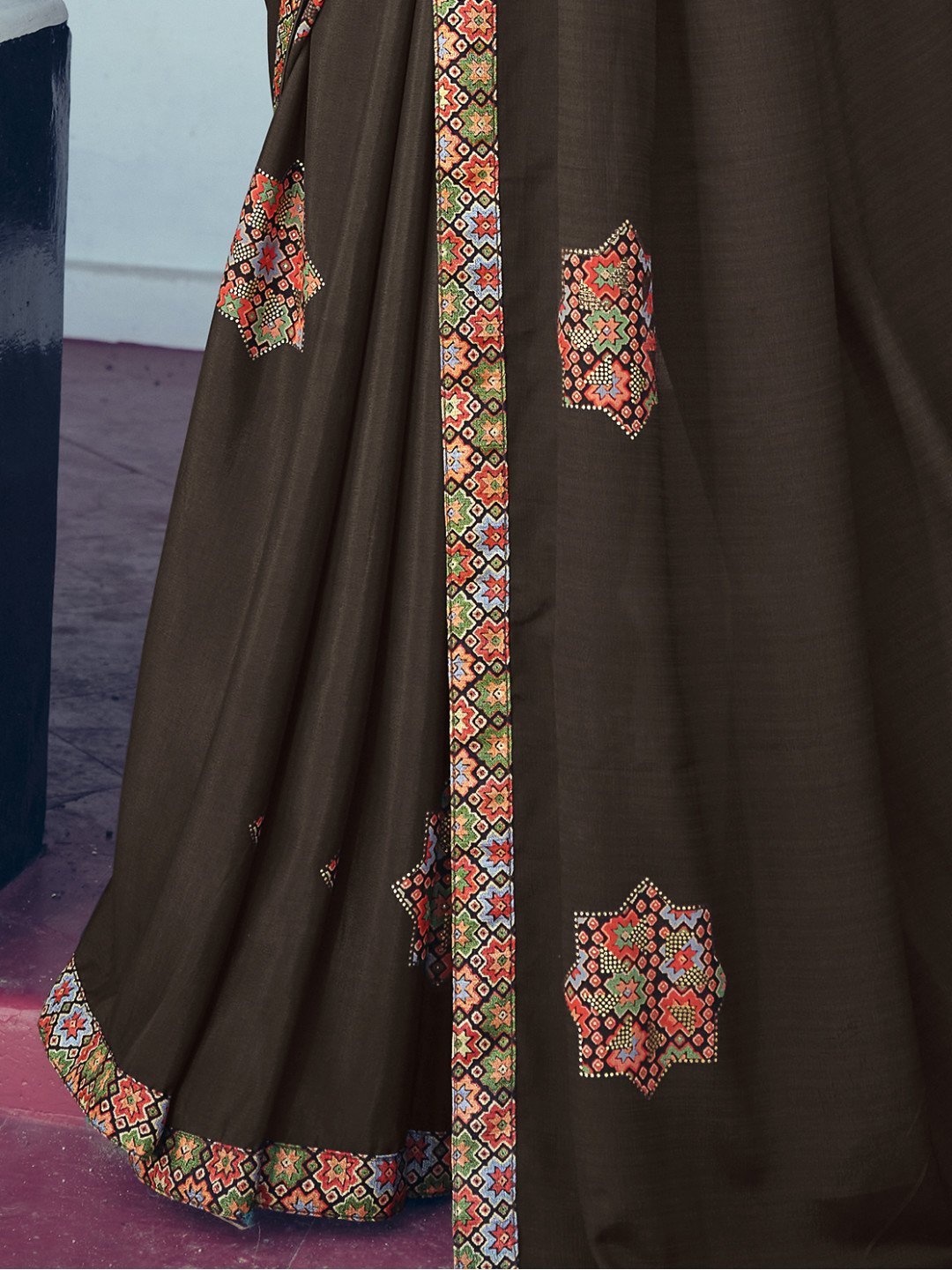 Pure Chiffon Brown Printed Saree with Designer Blouse - Stilento