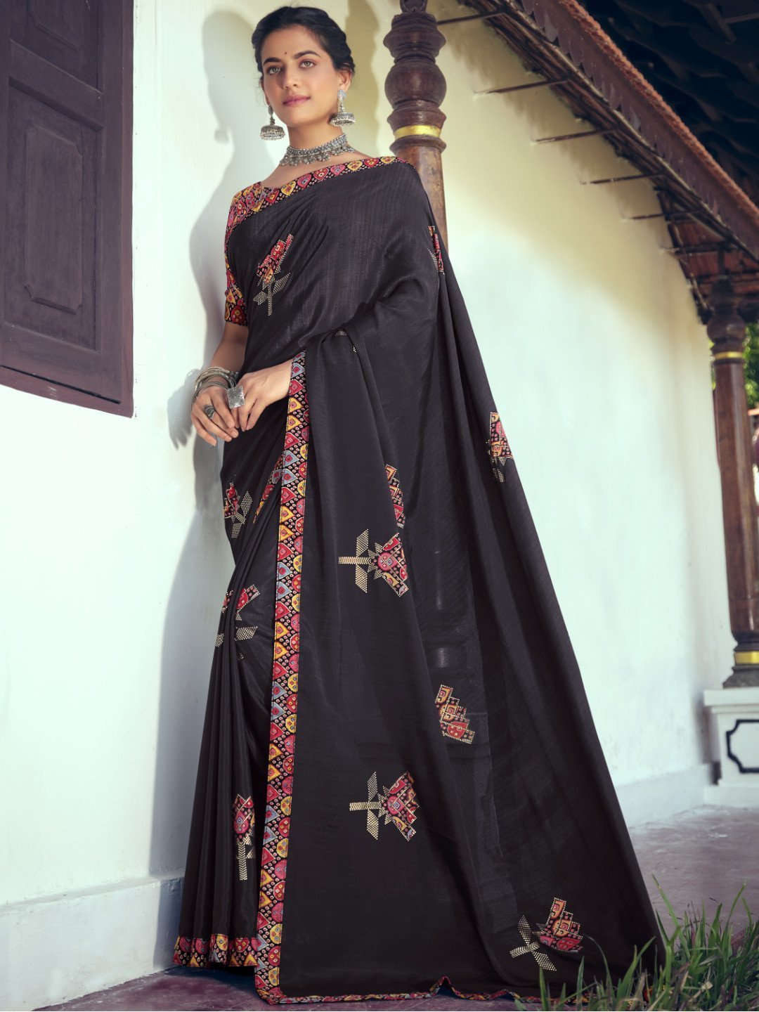 Pure Chiffon Printed Black Saree with Designer Blouse - Stilento