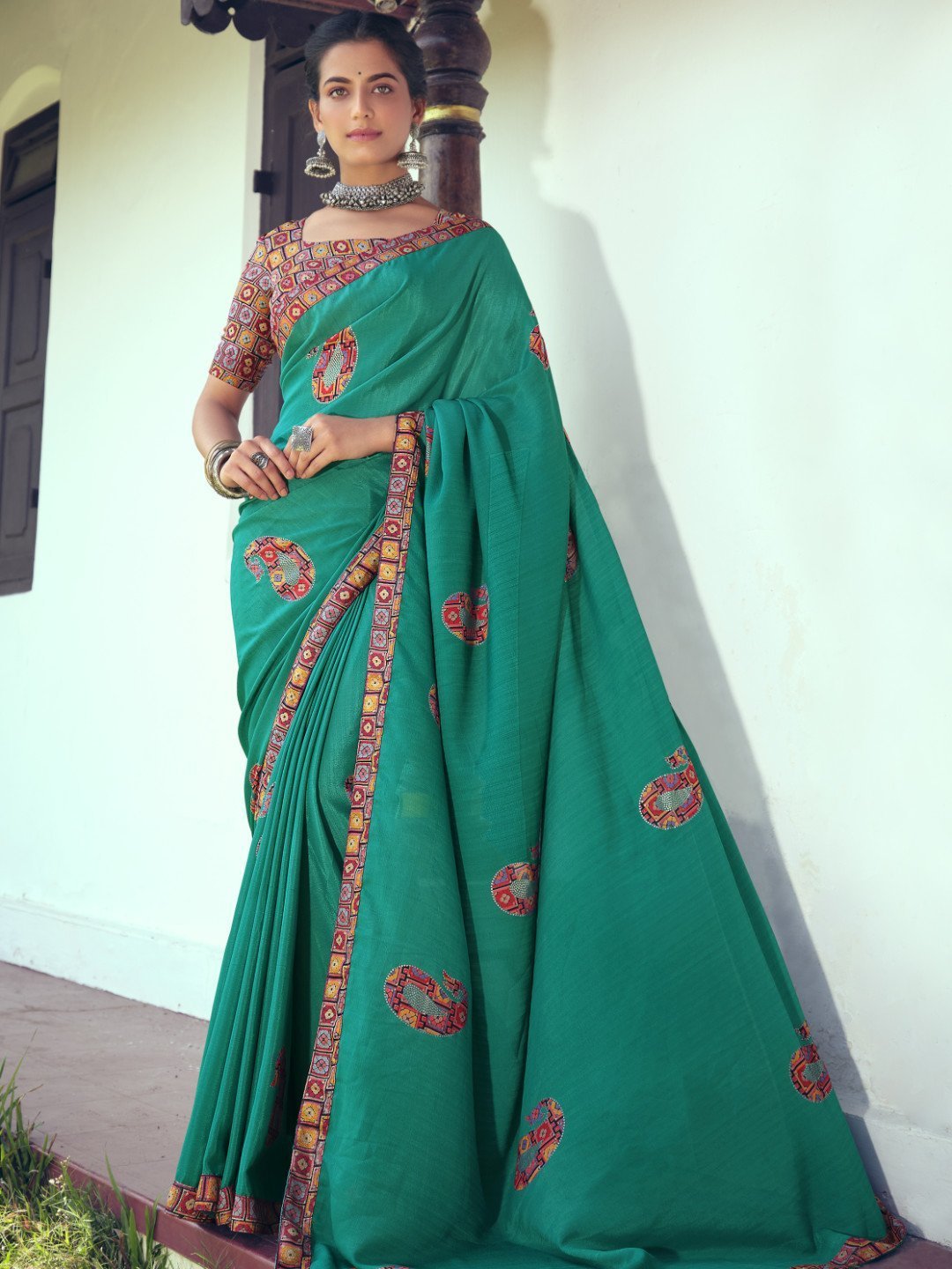 Pure Chiffon Printed Green Saree with Designer Blouse - Stilento