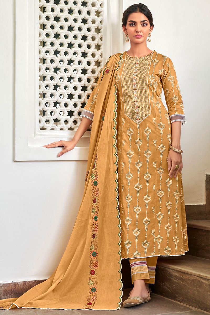 Pure Cotton Beige Unstitched Printed Salwar Suit Material - Stilento