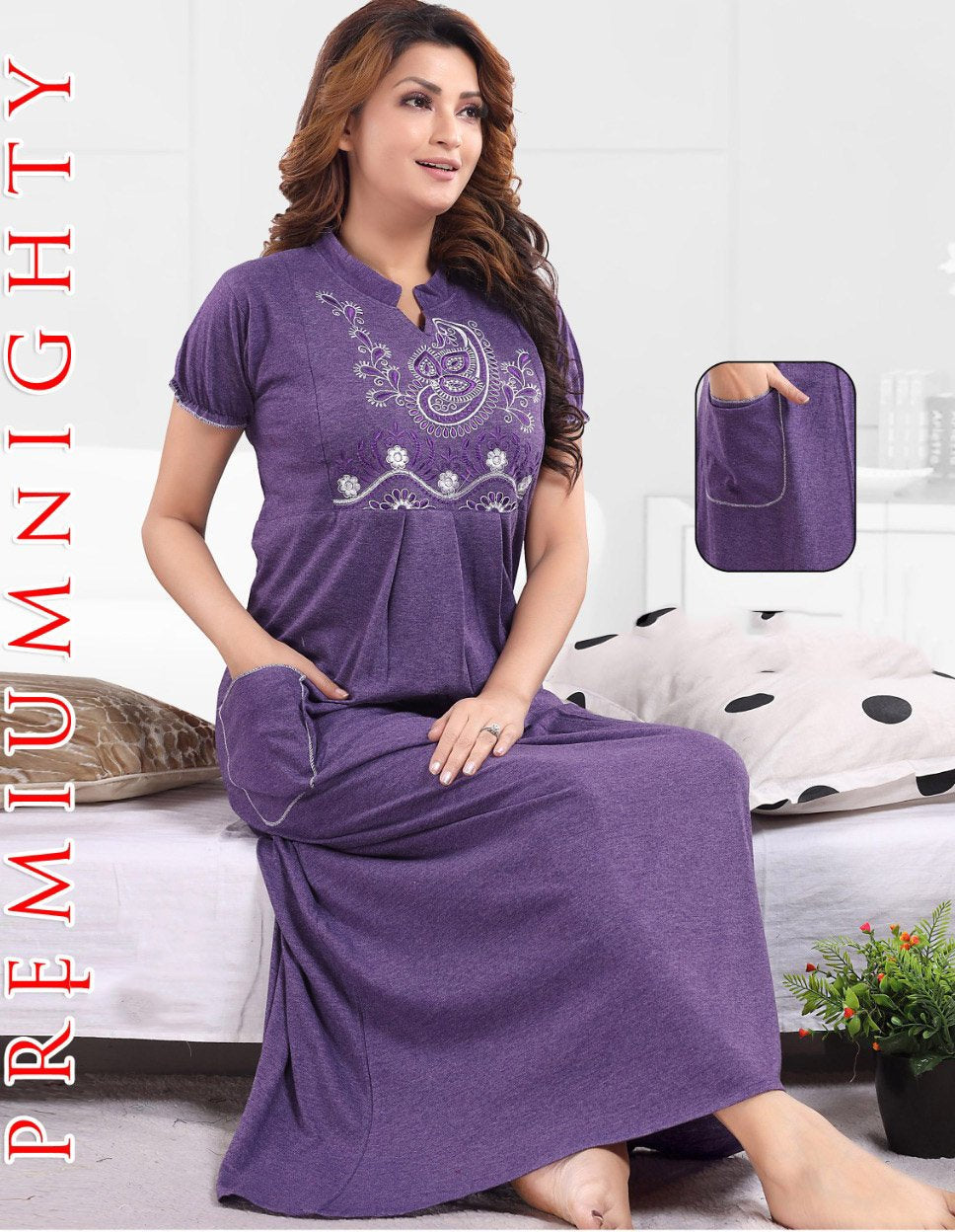 Pure cotton Black hosiery nighty Gown with embroidery