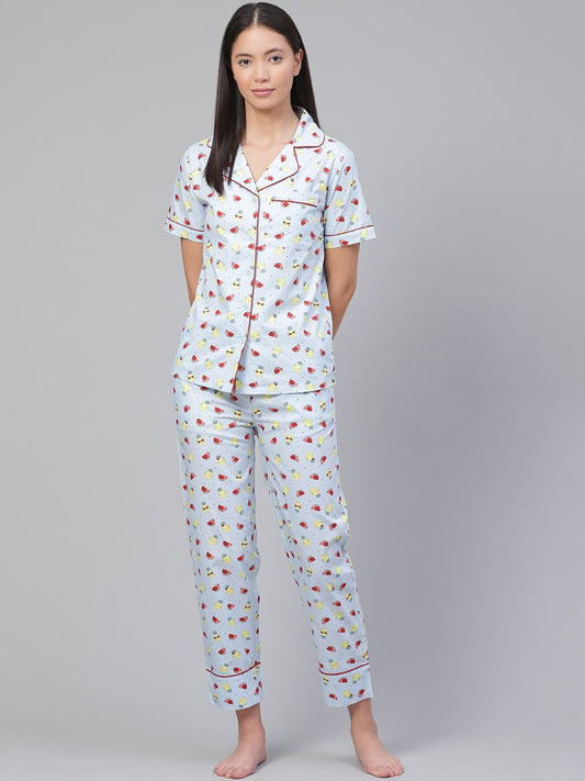 Pure Cotton Blue Printed Night Suit for Ladies - Stilento