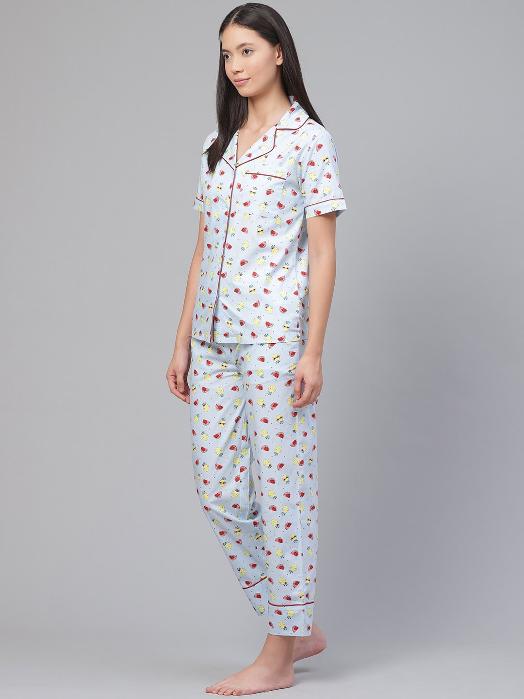 Pure Cotton Blue Printed Night Suit for Ladies - Stilento